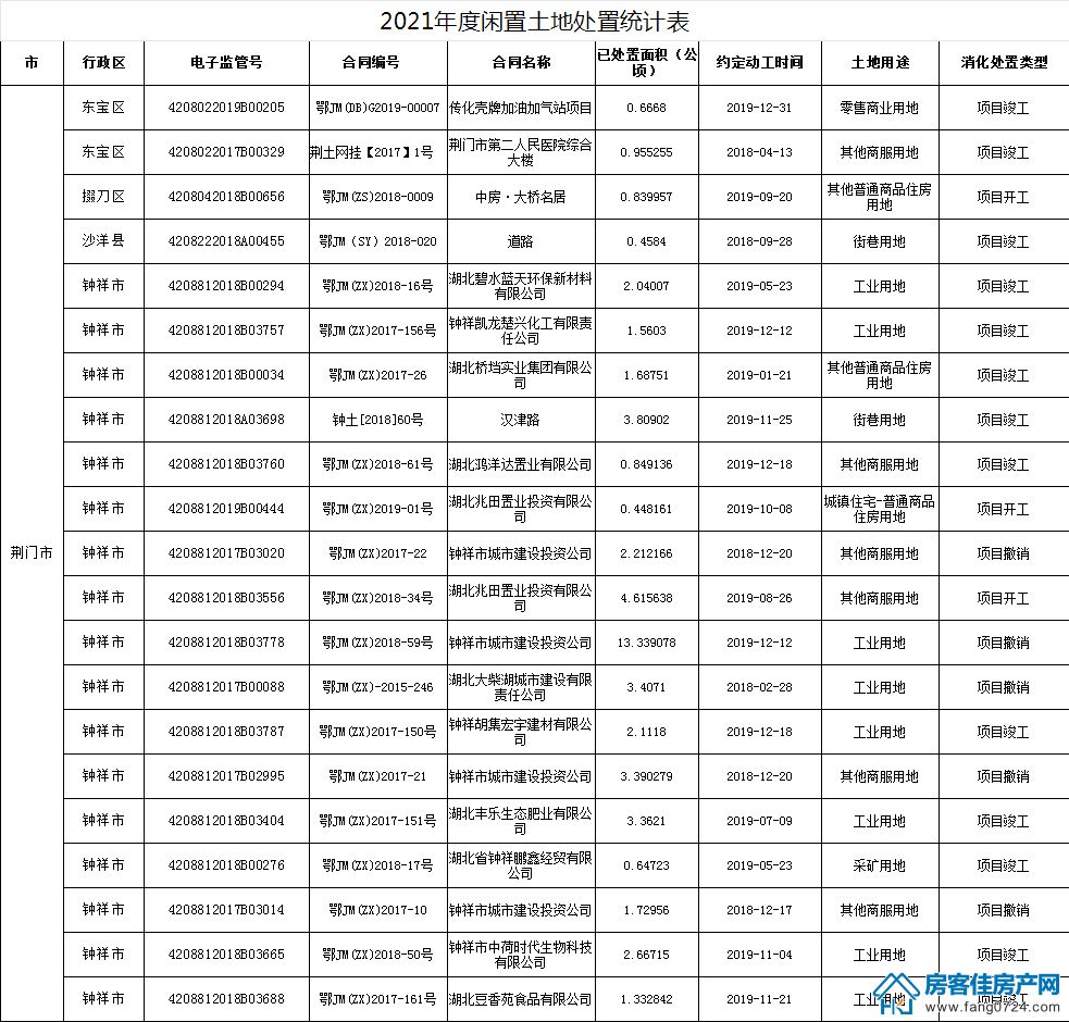 荆门市2021年度闲置土地处置统计表 荆门市2021年度闲置土地处置统计表